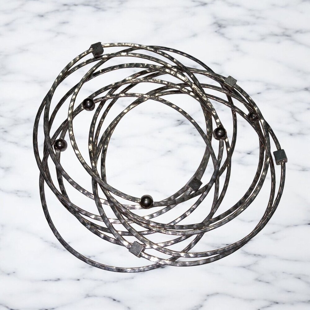 Vintage Silver Tone Multi-Bangle Bracelet Set With Black Accents Art Deco